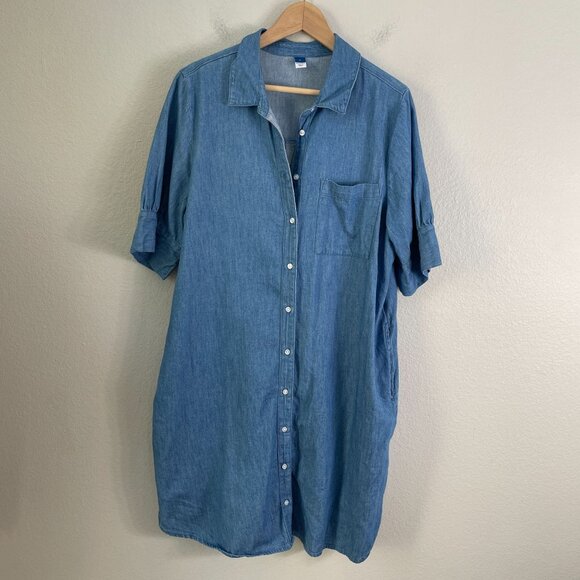 Old Navy Womens Large Chambray Shirt Dress Short Sleeve Button Up Denim Pockets - Picture 1 of 9